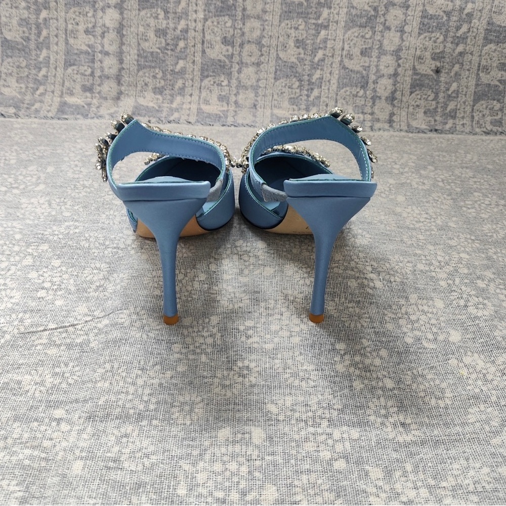 Manolo Blahnik Light Blue Satin Pointed-Toe Jeweled Mules - Picture 13 of 13